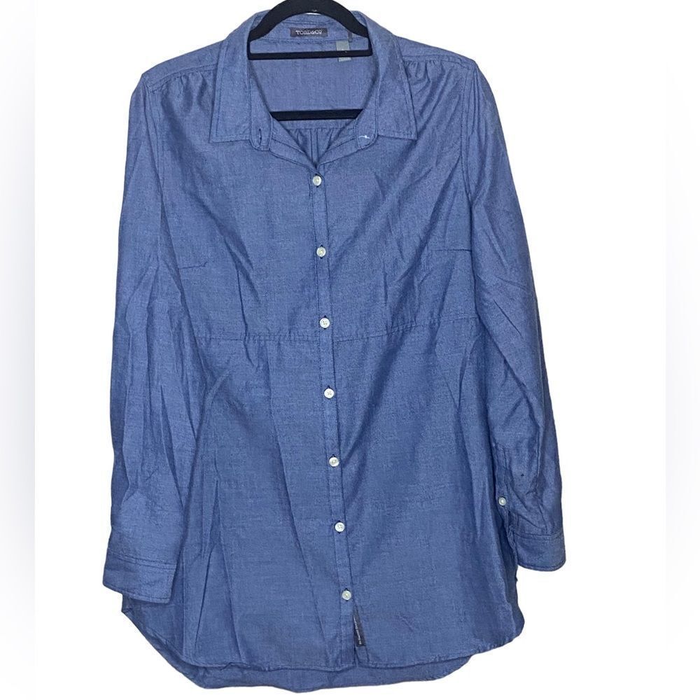 Toad&Co Wm’s Sz Lrg Chambray Blue Side Zipper Pockets Button Down Tunic Shirt